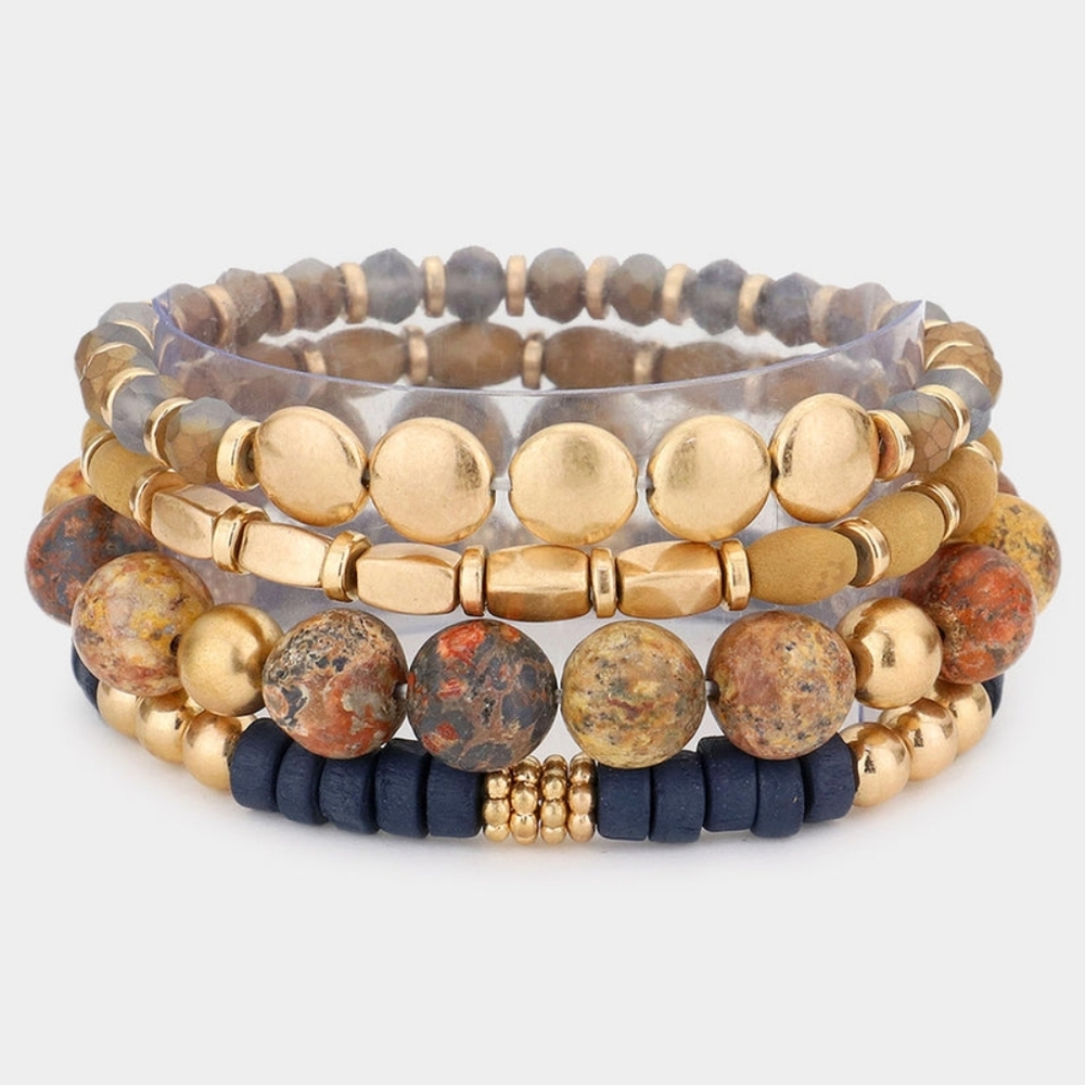 Set of 4 Stretchable Brown/Gold Stone and Wood Beaded Bracelets" - Picture 3 of 3